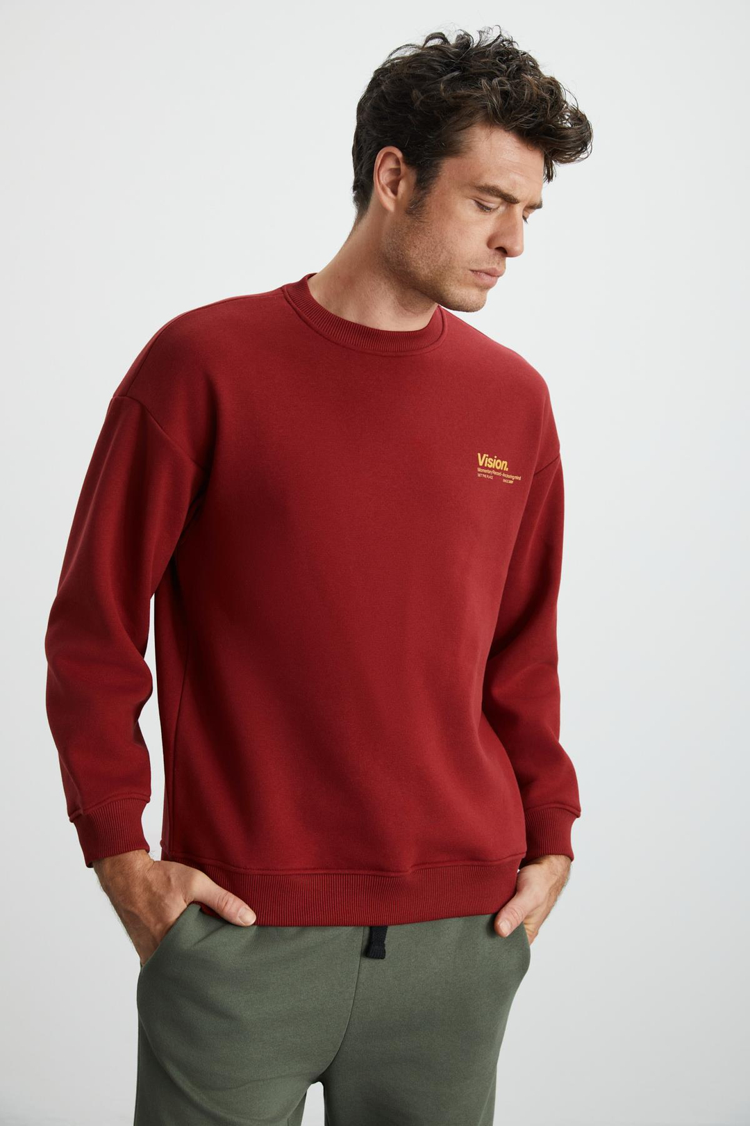 ERNEST Erkek Yumuşacık İçi Polarlı Baskı Detaylı Organik Pamuk Oversize Bordo Sweatshirt