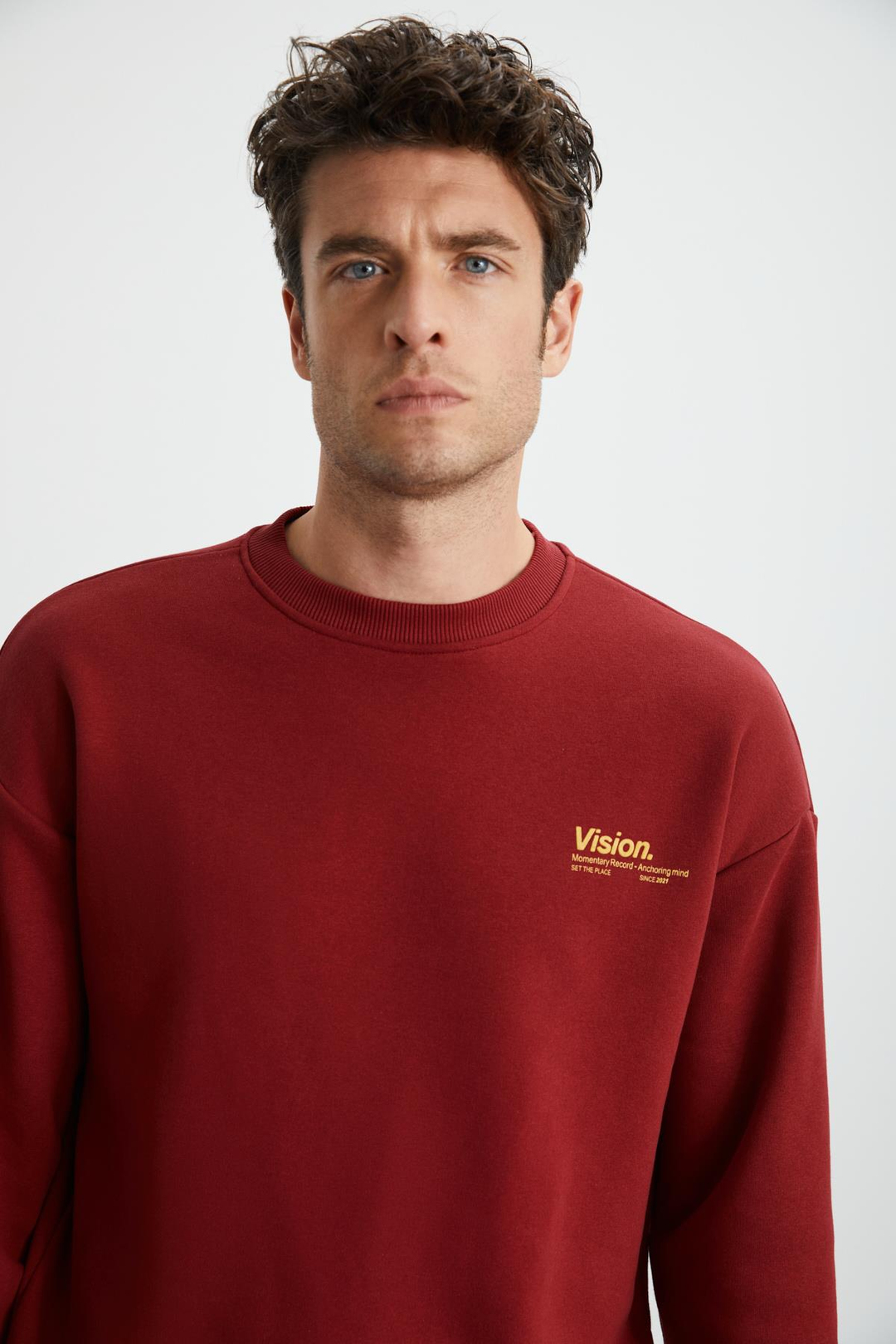 ERNEST Erkek Yumuşacık İçi Polarlı Baskı Detaylı Organik Pamuk Oversize Bordo Sweatshirt
