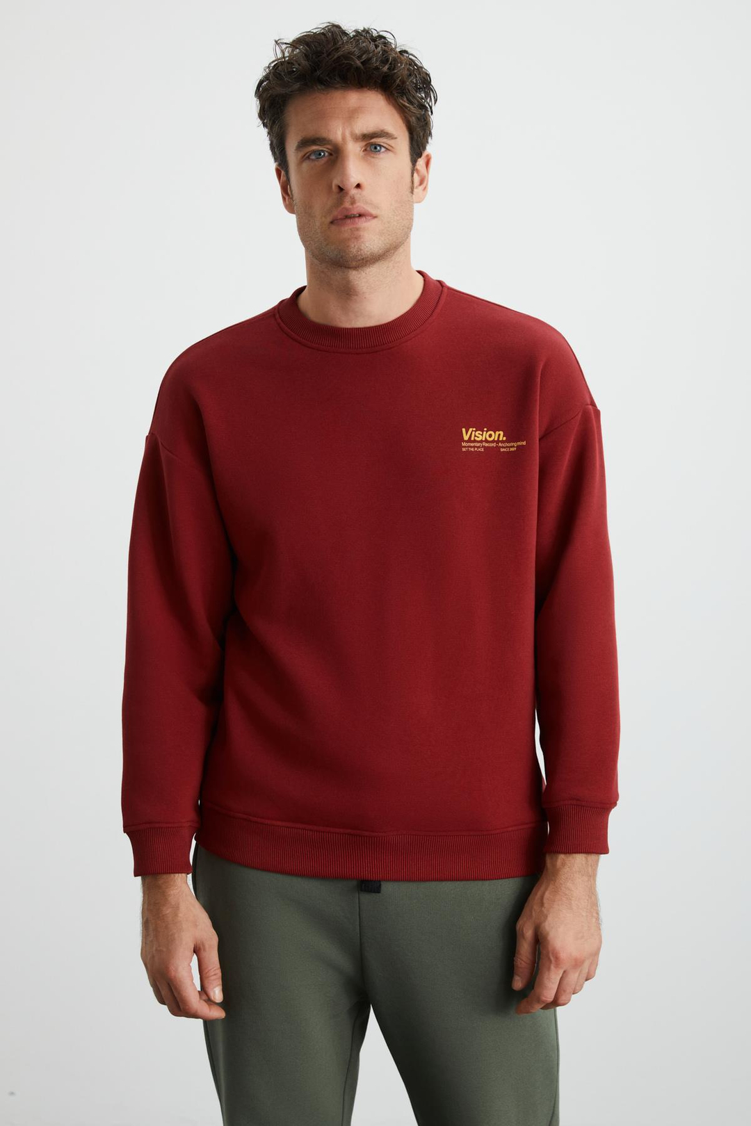 ERNEST Erkek Yumuşacık İçi Polarlı Baskı Detaylı Organik Pamuk Oversize Bordo Sweatshirt