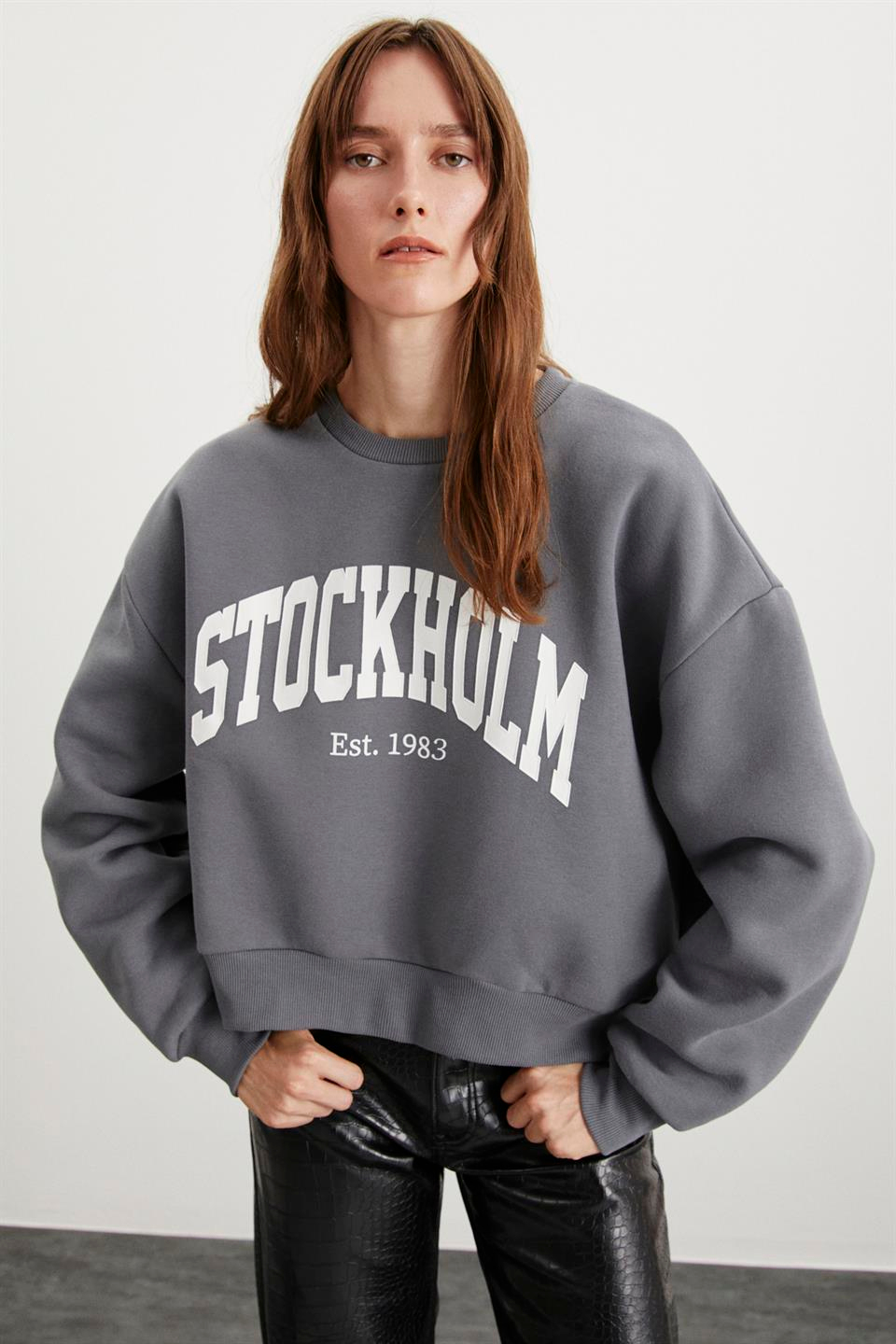 EUNICE  Oversize Gri Tekli Sweatshirt
