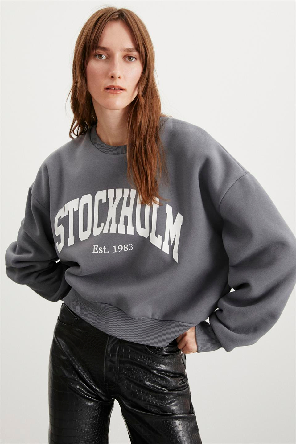EUNICE  Oversize Gri Tekli Sweatshirt