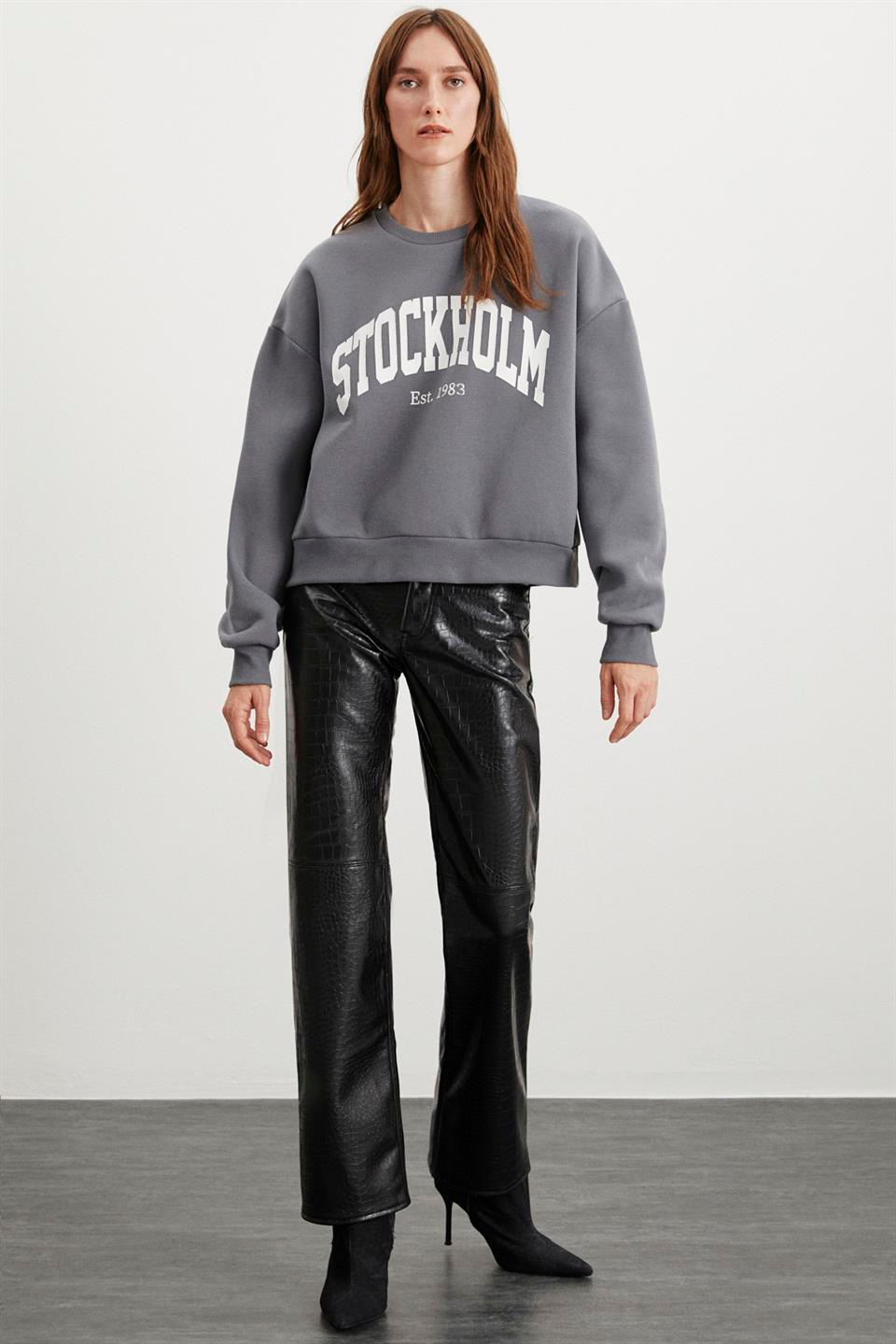EUNICE  Oversize Gri Tekli Sweatshirt