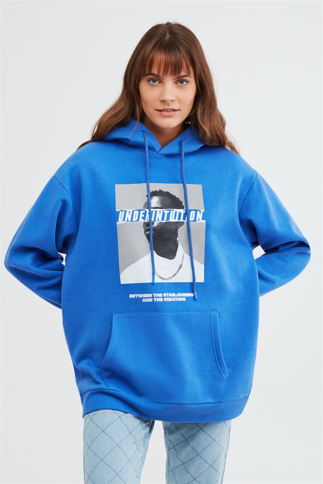 EXPANSION Kadın Saks Mavi Baskılı Kapüşonlu Ekstra Oversize Sweatshirt