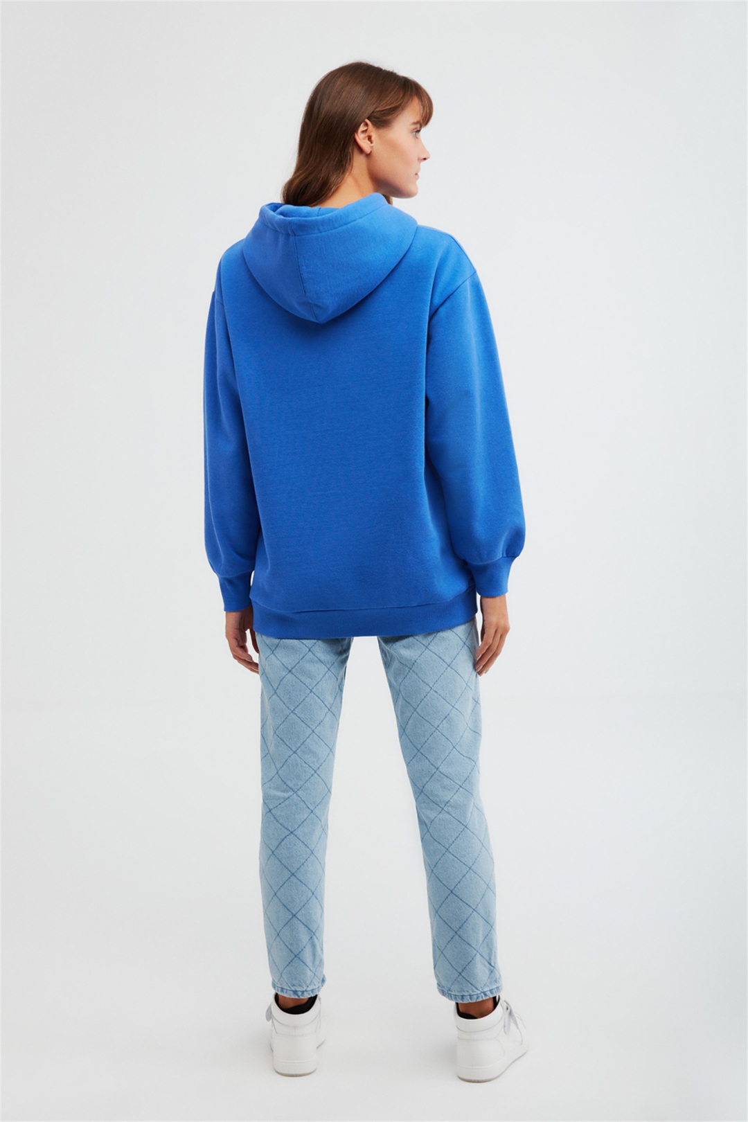 EXPANSION Kadın Saks Mavi Baskılı Kapüşonlu Ekstra Oversize Sweatshirt