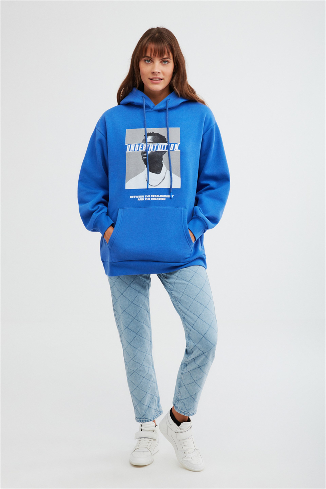 EXPANSION Kadın Saks Mavi Baskılı Kapüşonlu Ekstra Oversize Sweatshirt