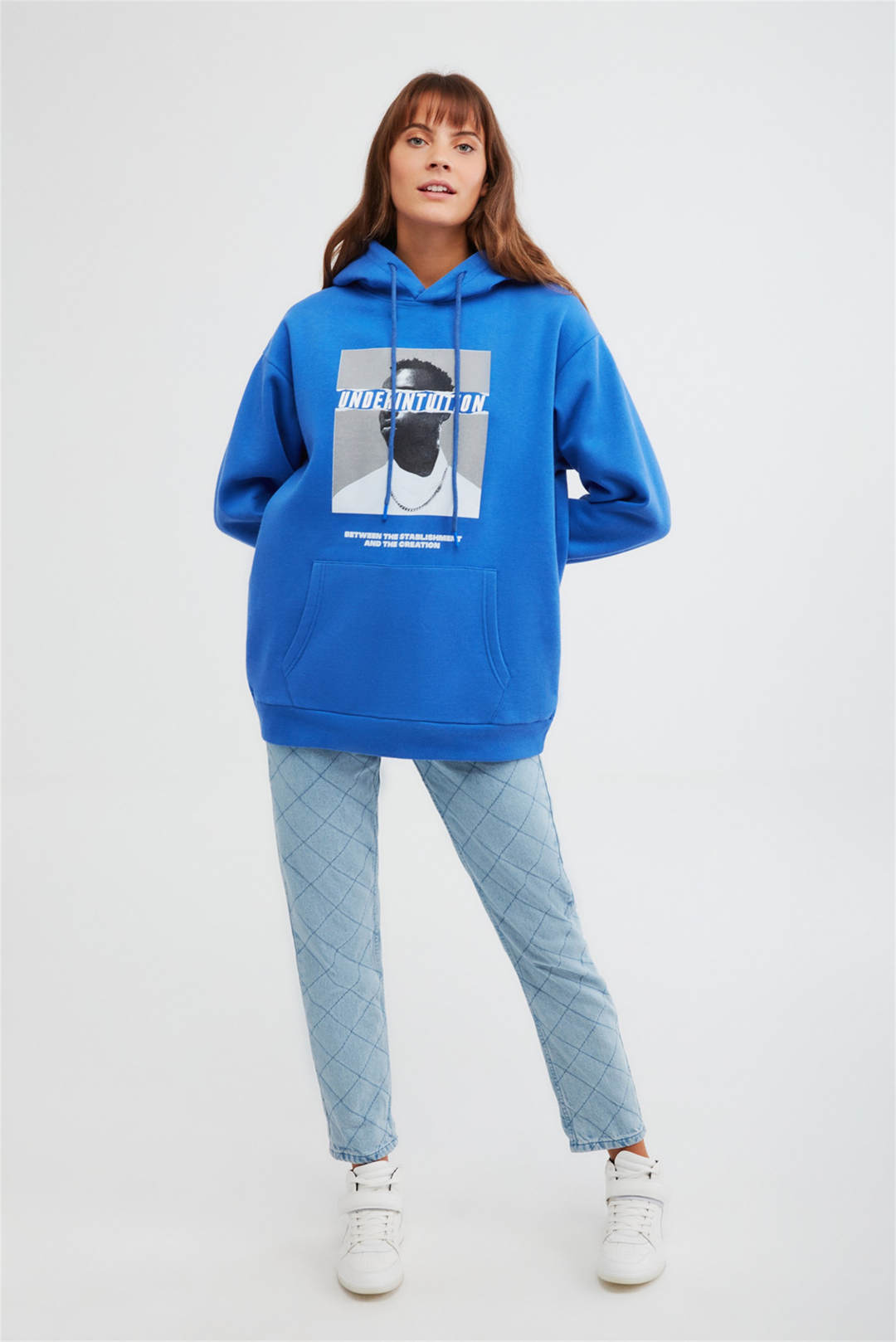 EXPANSION Kadın Saks Mavi Baskılı Kapüşonlu Ekstra Oversize Sweatshirt