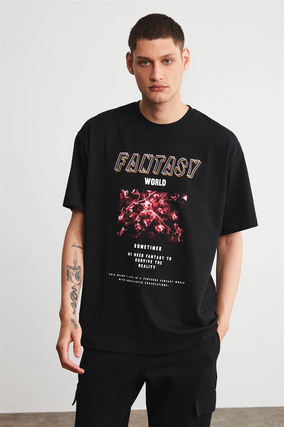 FANTASY Erkek Siyah Baskılı Yuvarlak Yaka Oversize T-Shirt