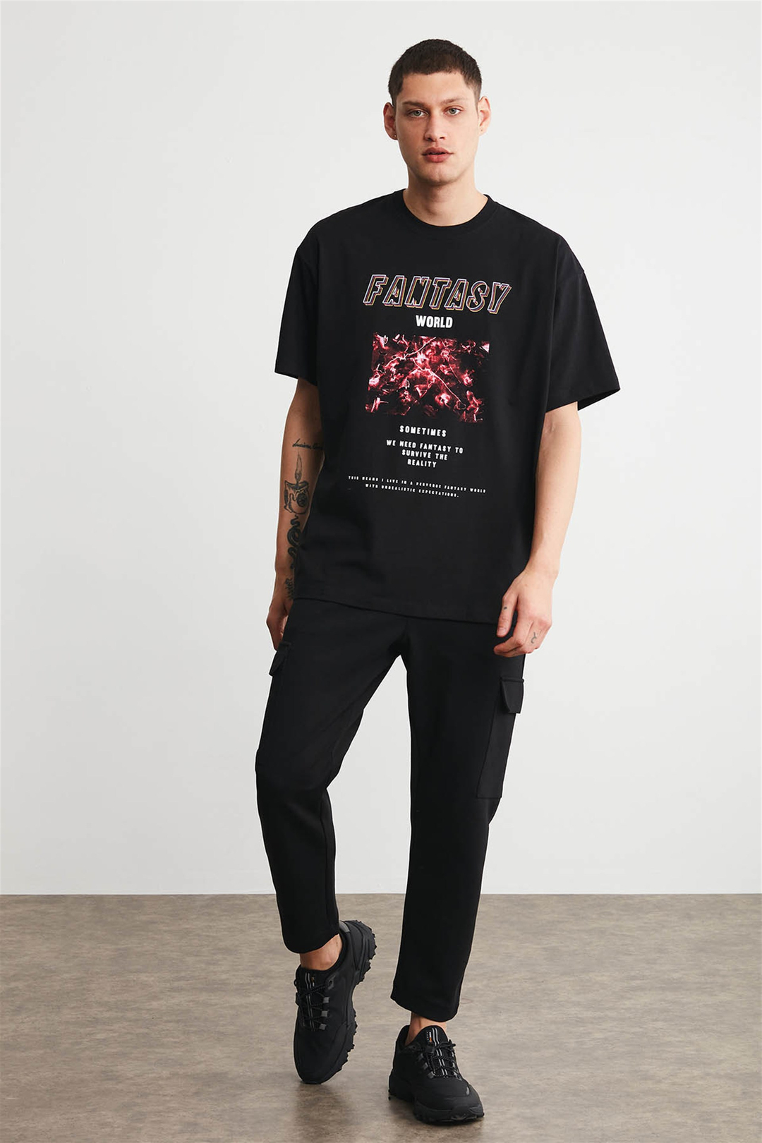 FANTASY Erkek Siyah Baskılı Yuvarlak Yaka Oversize T-Shirt