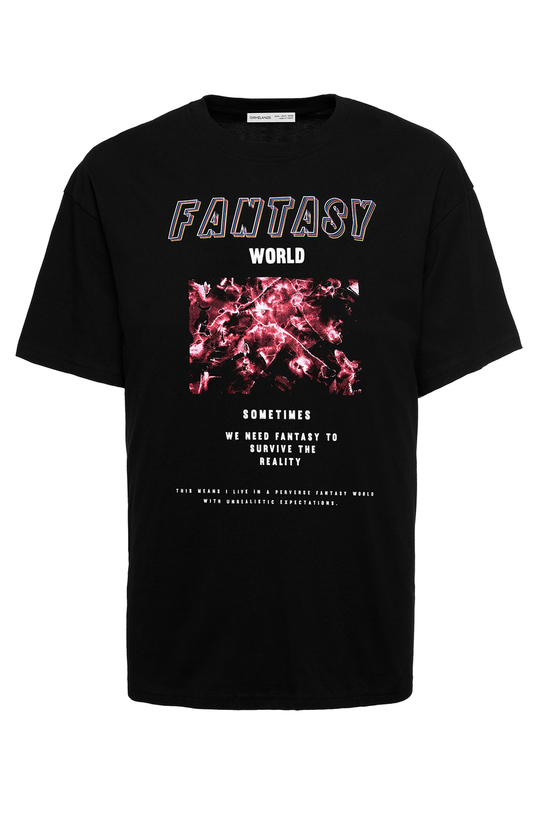 FANTASY Erkek Siyah Baskılı Yuvarlak Yaka Oversize T-Shirt