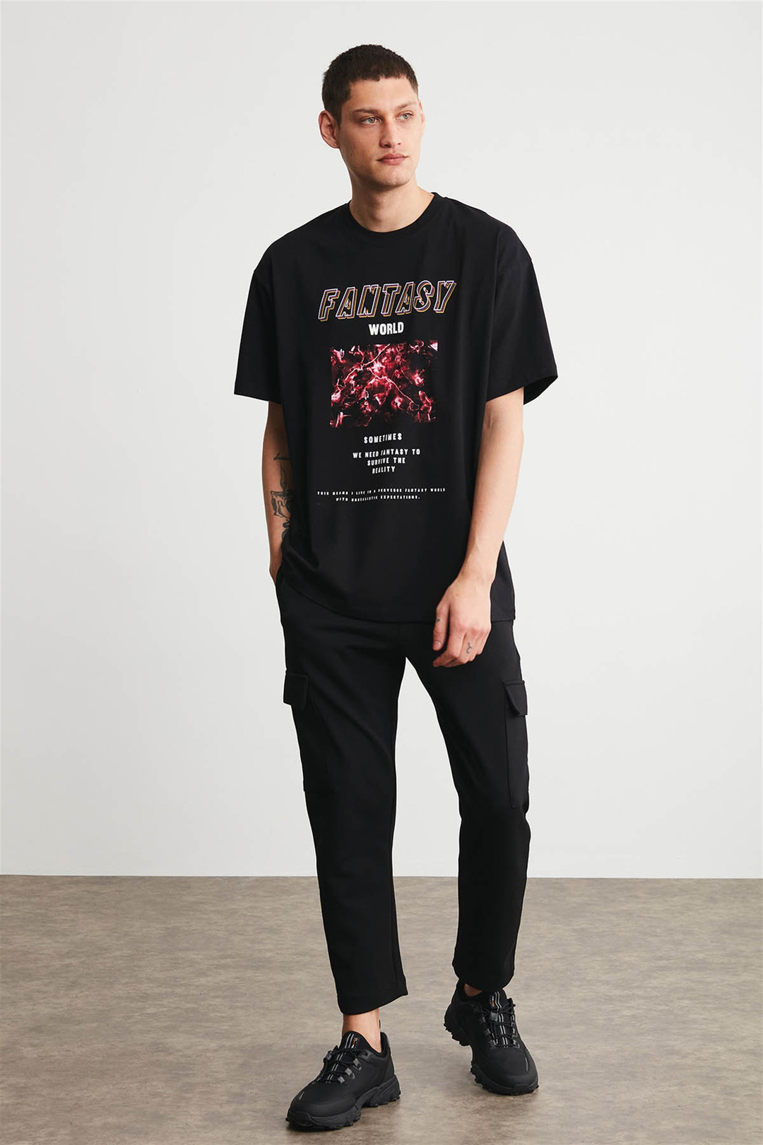 FANTASY Erkek Siyah Baskılı Yuvarlak Yaka Oversize T-Shirt