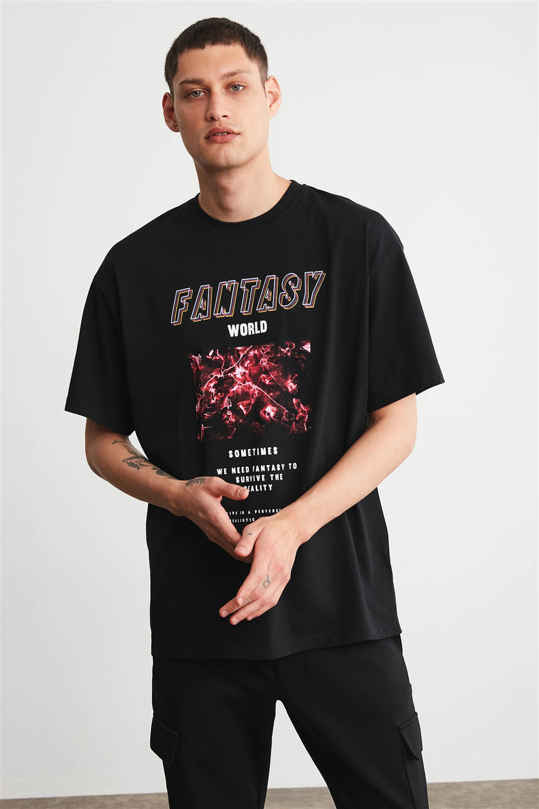 FANTASY Erkek Siyah Baskılı Yuvarlak Yaka Oversize T-Shirt