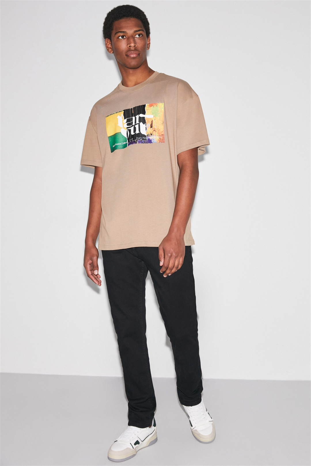 FAROUT Erkek Bej Baskılı Yuvarlak Yaka Oversize T-Shirt