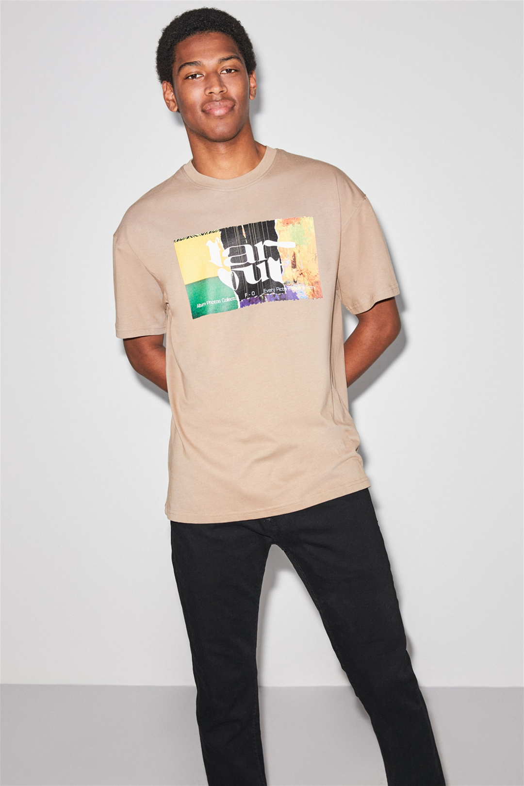 FAROUT Erkek Bej Baskılı Yuvarlak Yaka Oversize T-Shirt