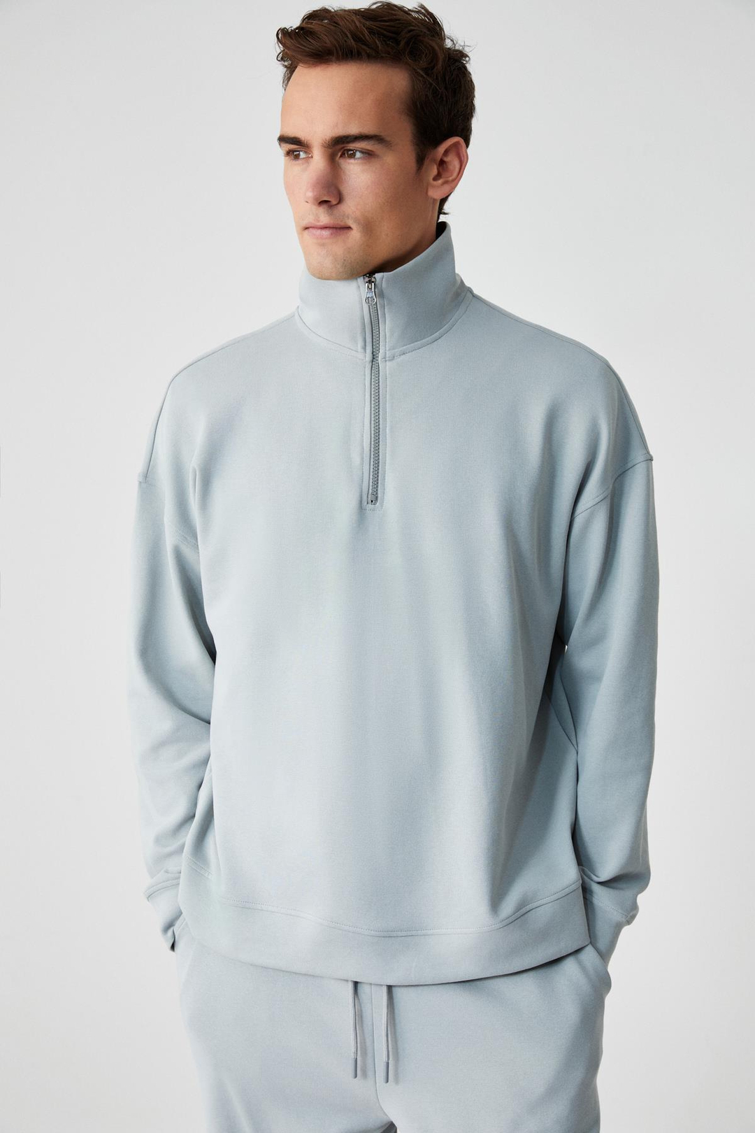 FAUST Erkek Dik Yaka Oversize Uzun Kol Fermuarlı Beli Lastikli Gri Eşofman Takımı