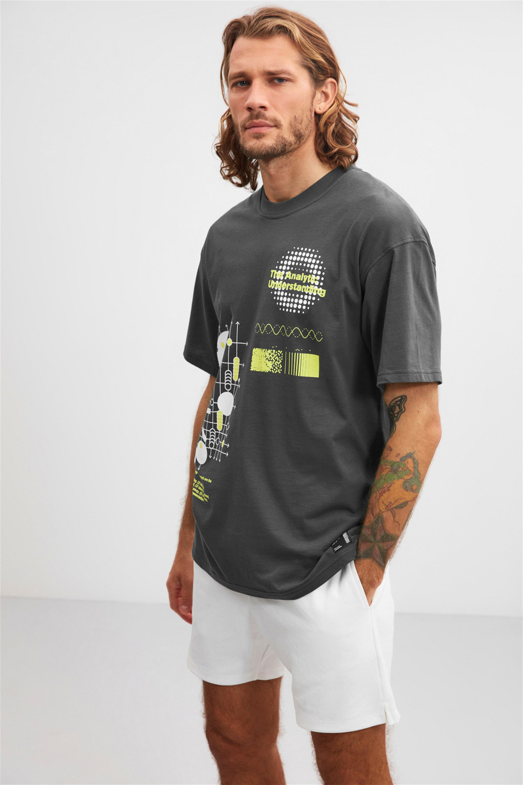 FİELD  Oversize T-Shirt Önü Baskılı Gri  %100 Pamuk Kısa Kollu
