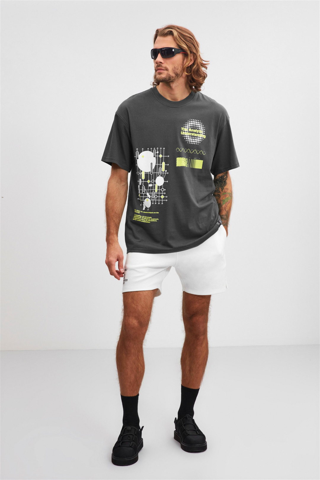 FİELD  Oversize T-Shirt Önü Baskılı Gri  %100 Pamuk Kısa Kollu