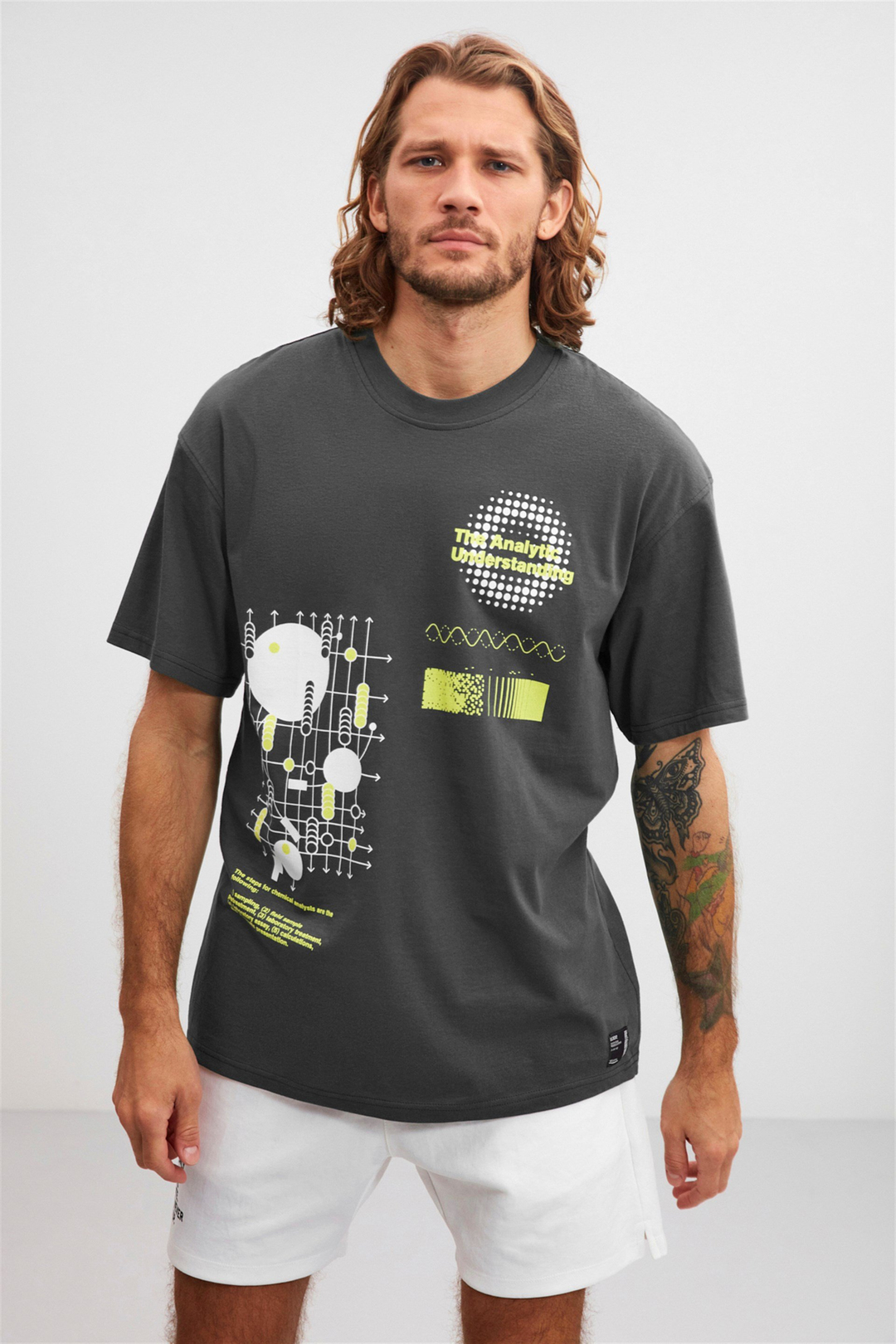 FİELD  Oversize T-Shirt Önü Baskılı Gri  %100 Pamuk Kısa Kollu