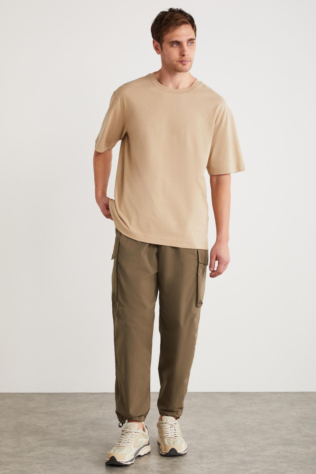 FLETCHER Erkek Oversize Keten Karışımlı Bej T-Shirt