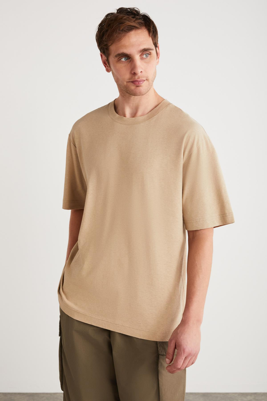 FLETCHER Erkek Oversize Keten Karışımlı Bej T-Shirt