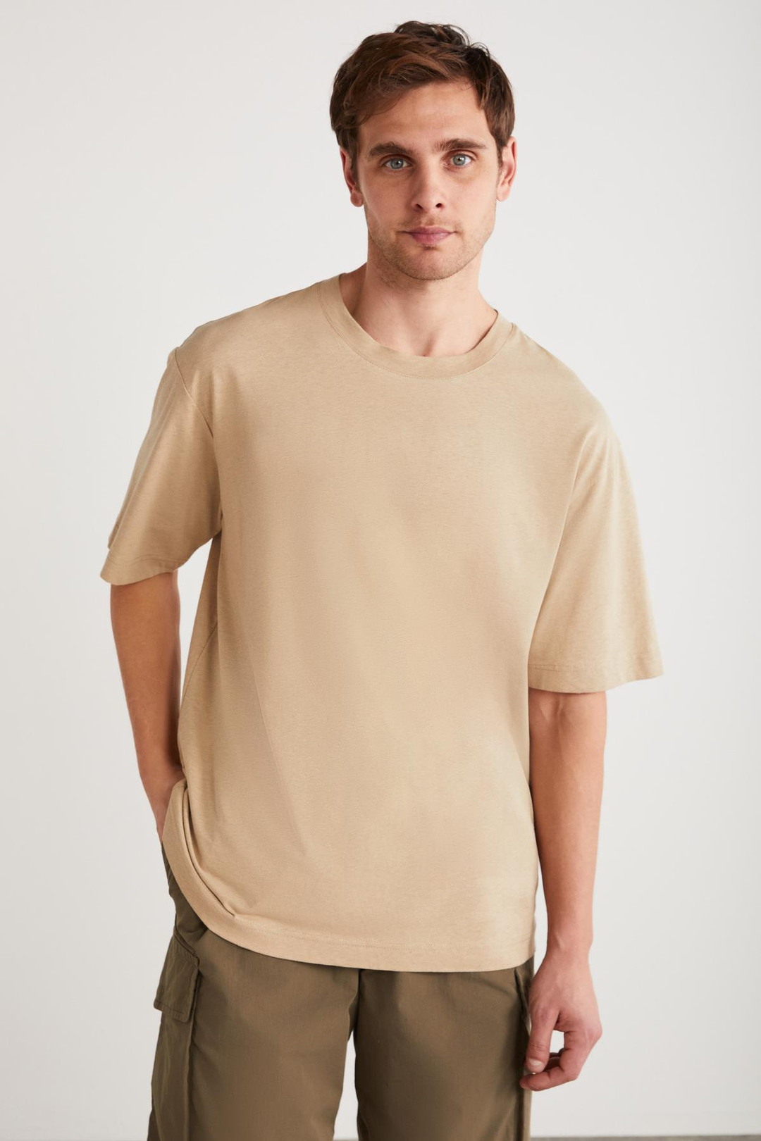 FLETCHER Erkek Oversize Keten Karışımlı Bej T-Shirt