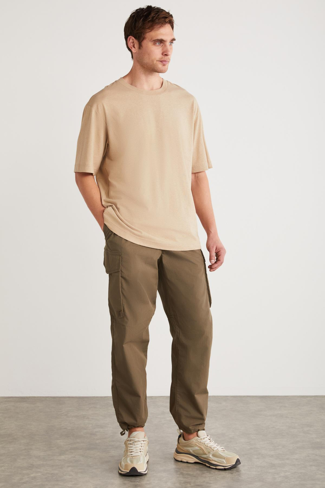FLETCHER Erkek Oversize Keten Karışımlı Bej T-Shirt