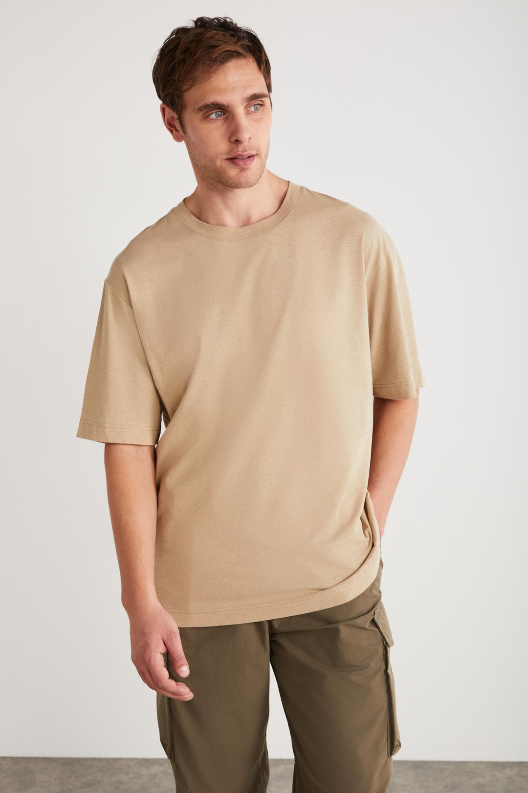 FLETCHER Erkek Oversize Keten Karışımlı Bej T-Shirt