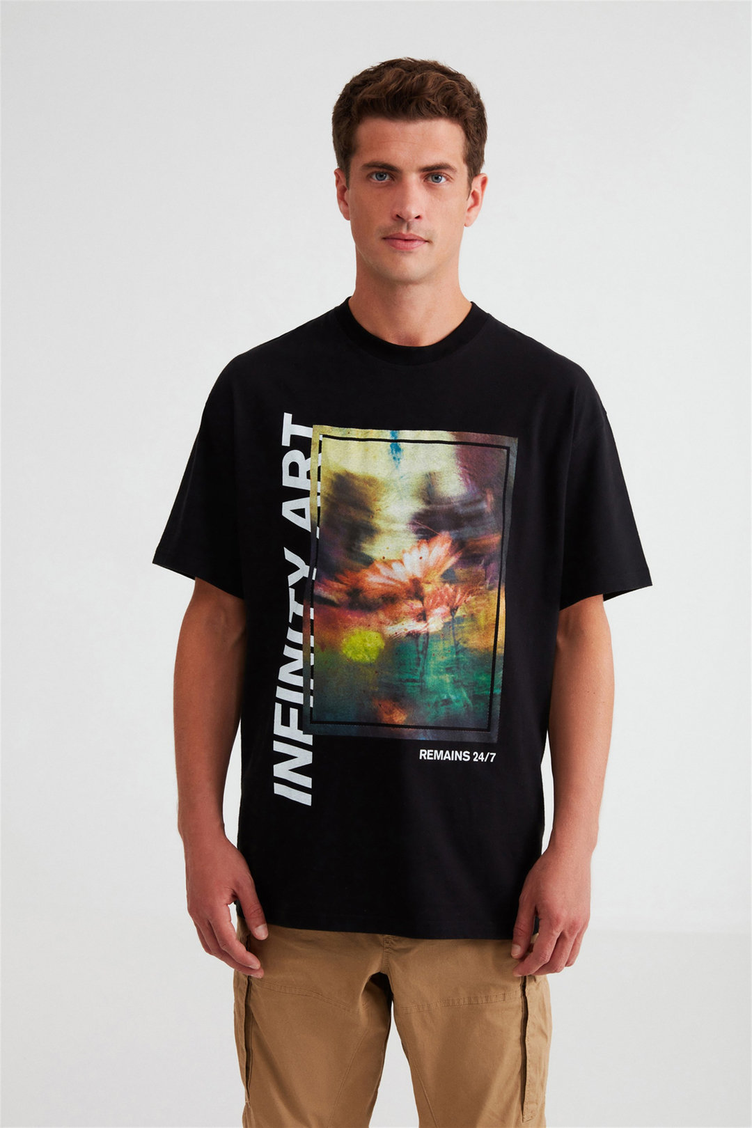 FLEX Erkek Siyah Baskılı Yuvarlak Yaka Oversize T-Shirt