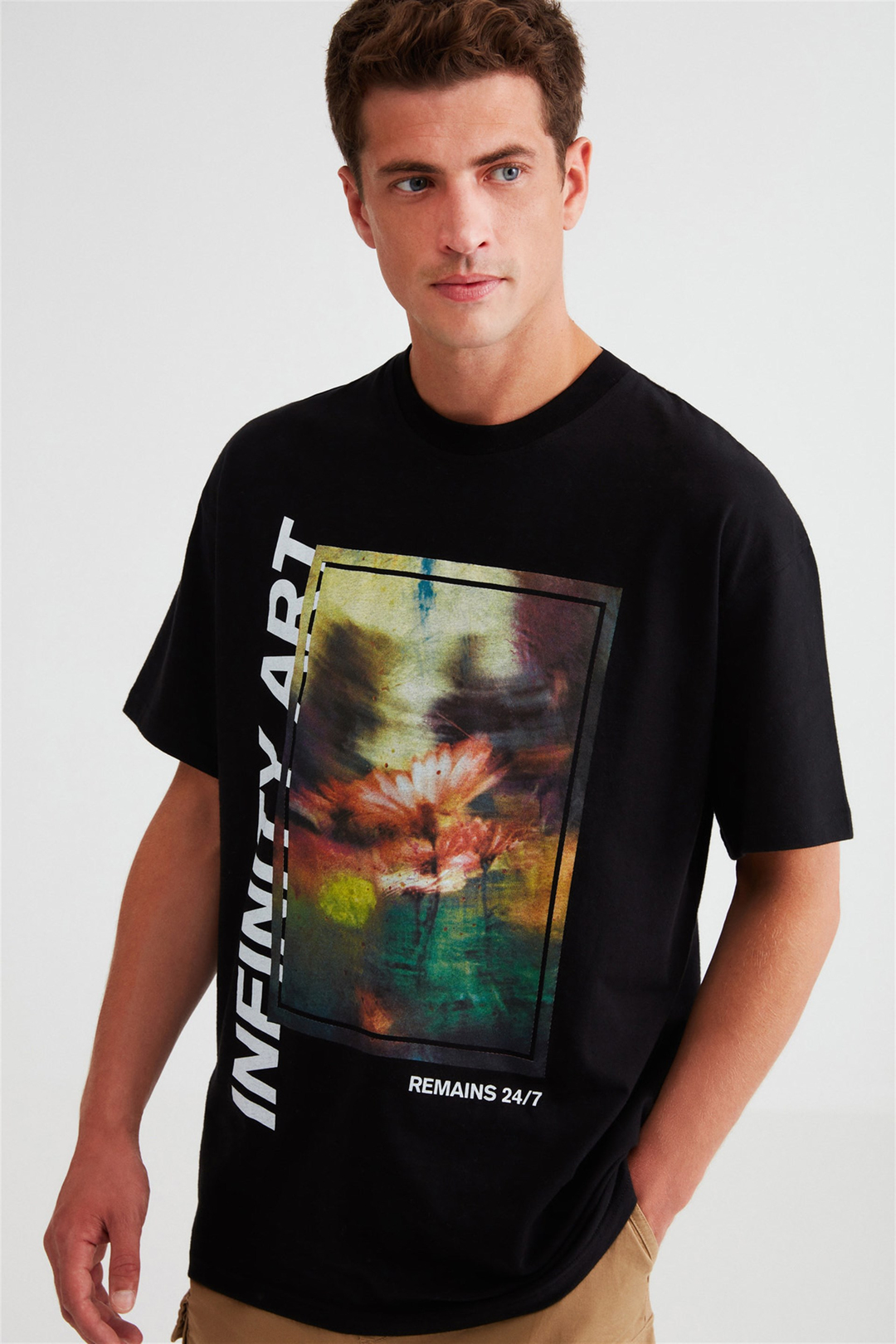 FLEX Erkek Siyah Baskılı Yuvarlak Yaka Oversize T-Shirt