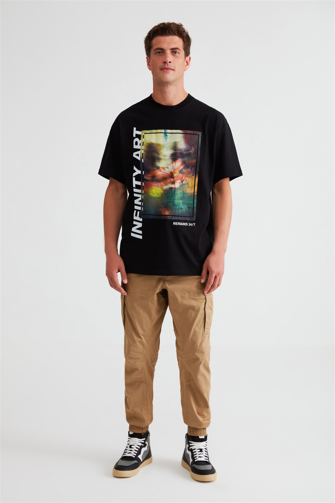 FLEX Erkek Siyah Baskılı Yuvarlak Yaka Oversize T-Shirt