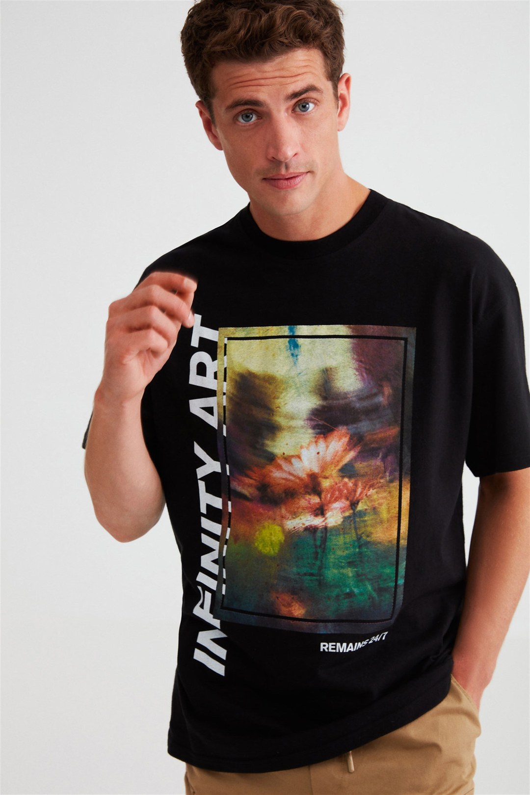 FLEX Erkek Siyah Baskılı Yuvarlak Yaka Oversize T-Shirt