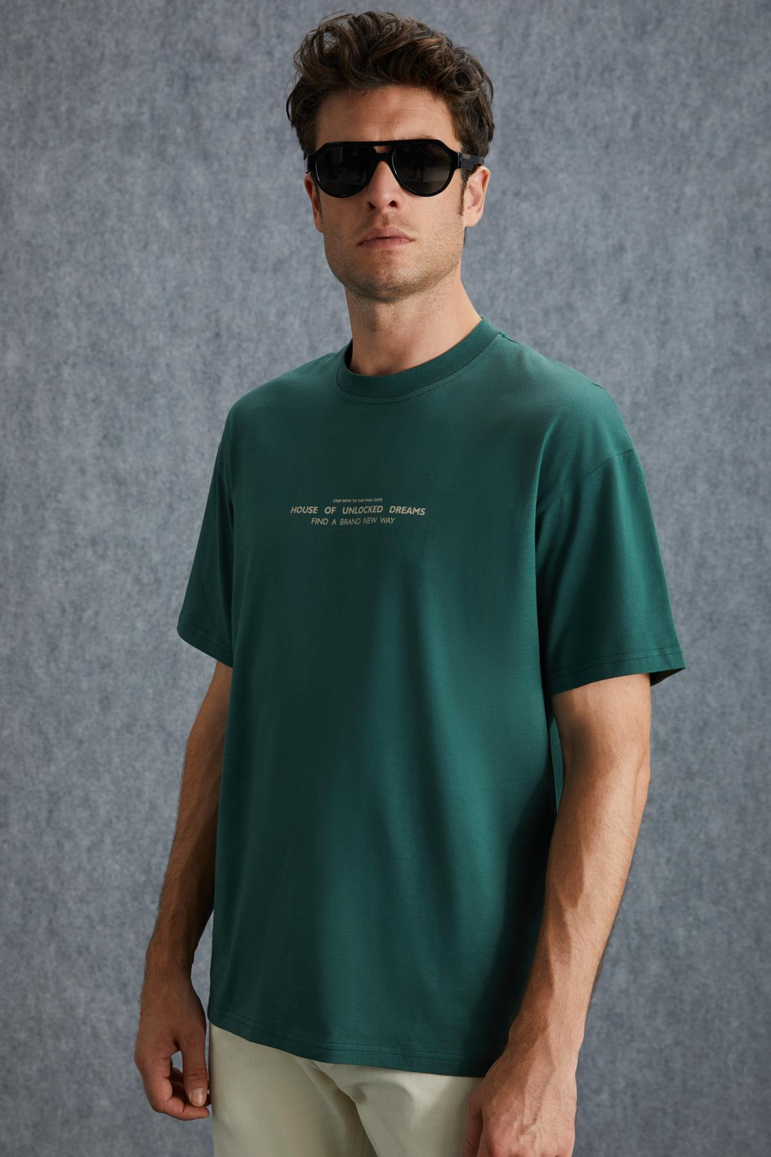 FRANK Erkek Kalın Dokulu Baskı Detaylı Oversize &100 Organik Pamuklu Yeşil T-Shirt