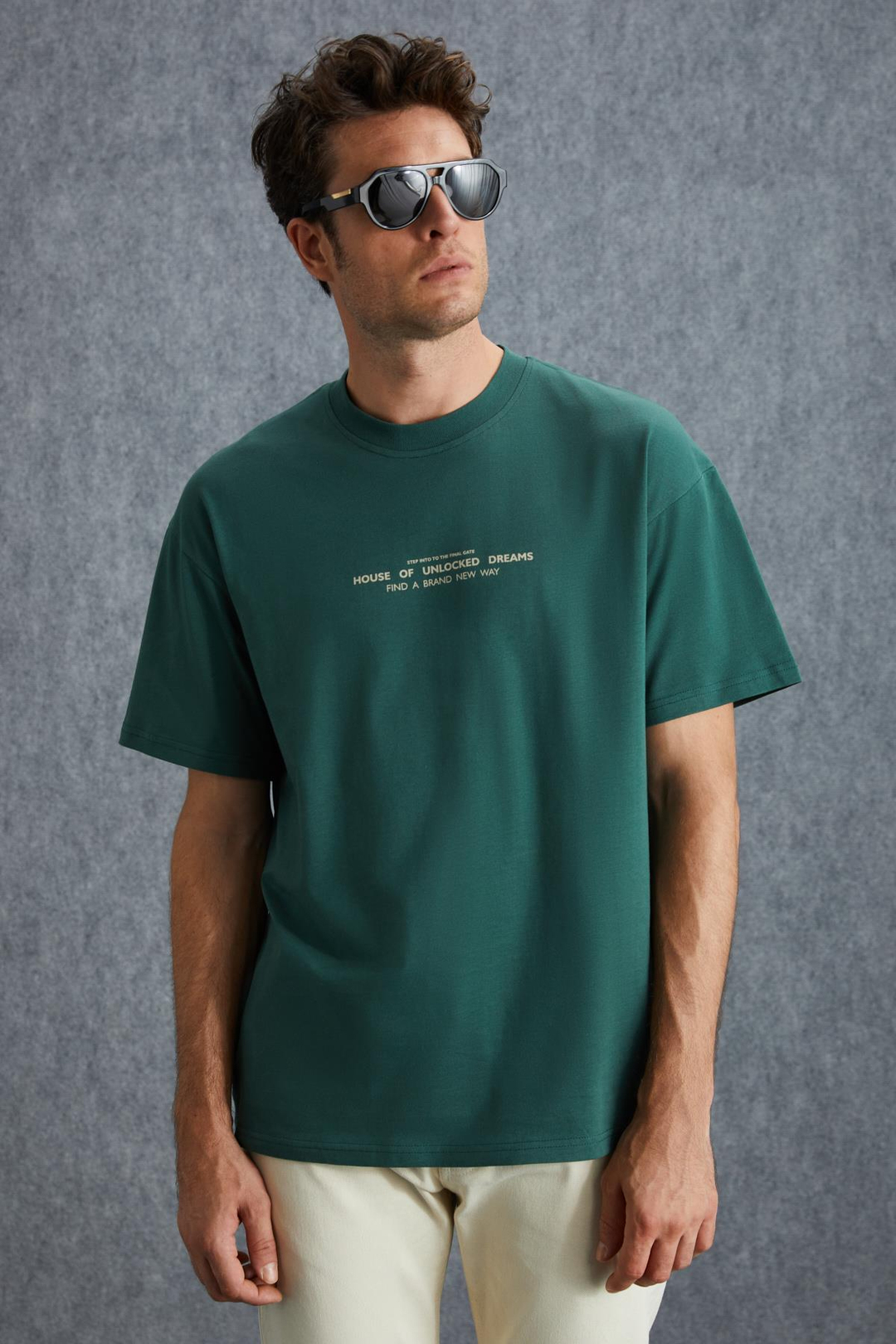 FRANK Erkek Kalın Dokulu Baskı Detaylı Oversize &100 Organik Pamuklu Yeşil T-Shirt