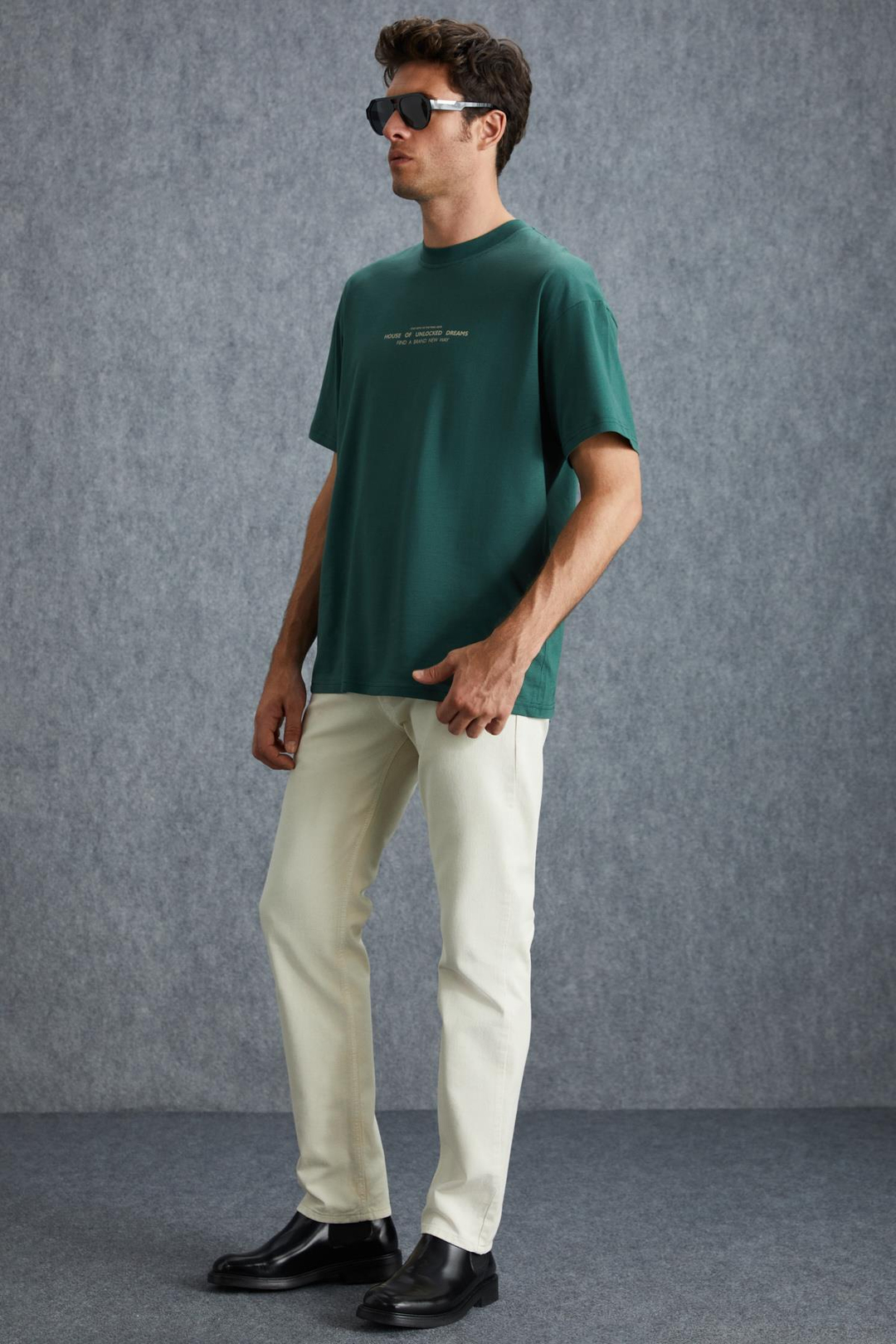 FRANK Erkek Kalın Dokulu Baskı Detaylı Oversize &100 Organik Pamuklu Yeşil T-Shirt