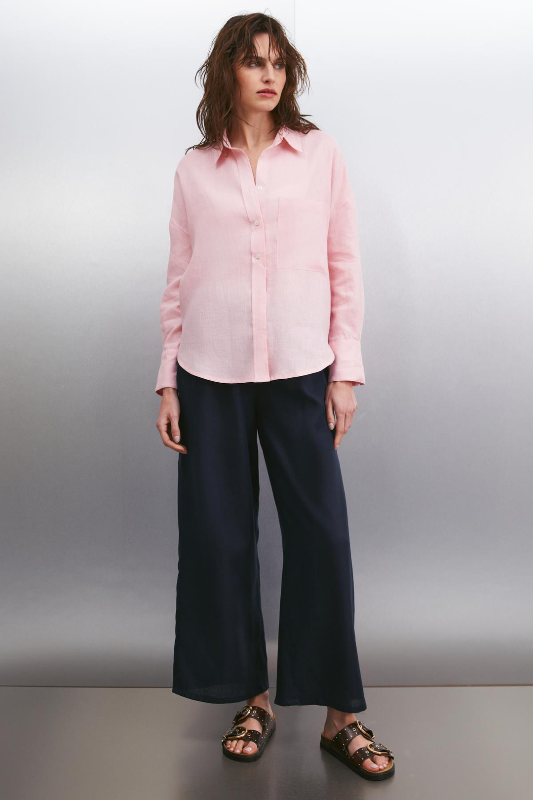 GAIA Keten Oversize Açık Pembe Tekli Gömlek