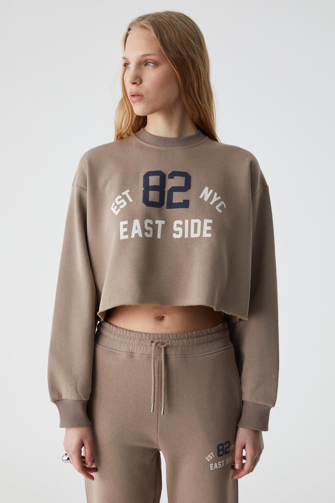 GLORYY Kadın Comfort Fit Baskı Detaylı Lastikli Paça Organik Pamuklu Açık Kahverengi Alt-Üst Takım