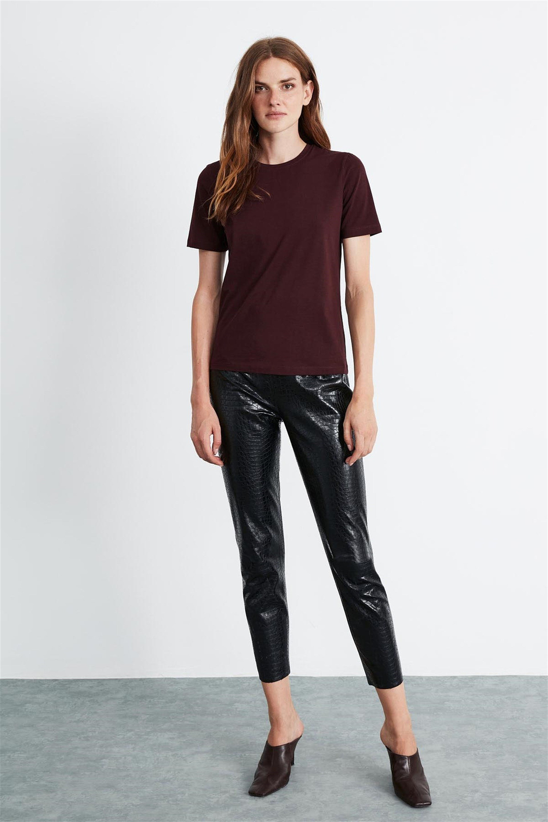 HANNAH Kadın Bordo Düz Renk Yuvarlak Yaka Comfort Fit T-Shirt