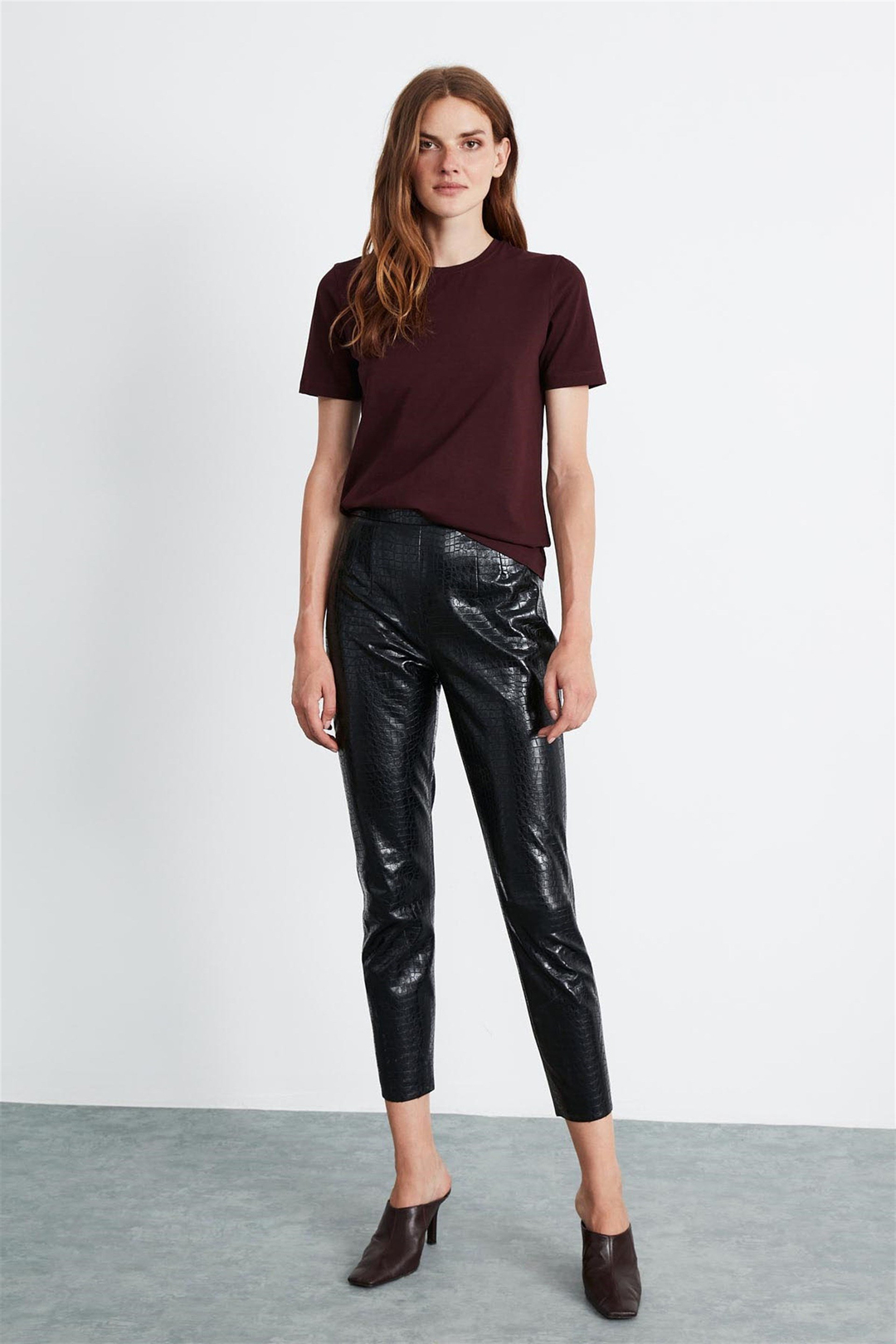 HANNAH Kadın Bordo Düz Renk Yuvarlak Yaka Comfort Fit T-Shirt