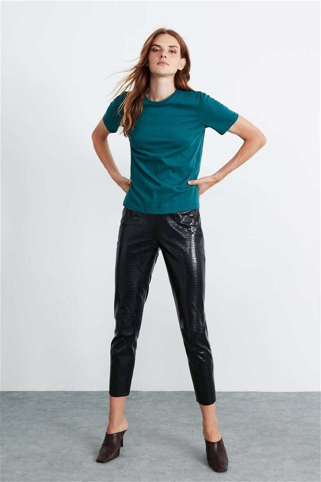 HANNAH Kadın Petrol Yeşili Düz Renk Yuvarlak Yaka Comfort Fit T-Shirt