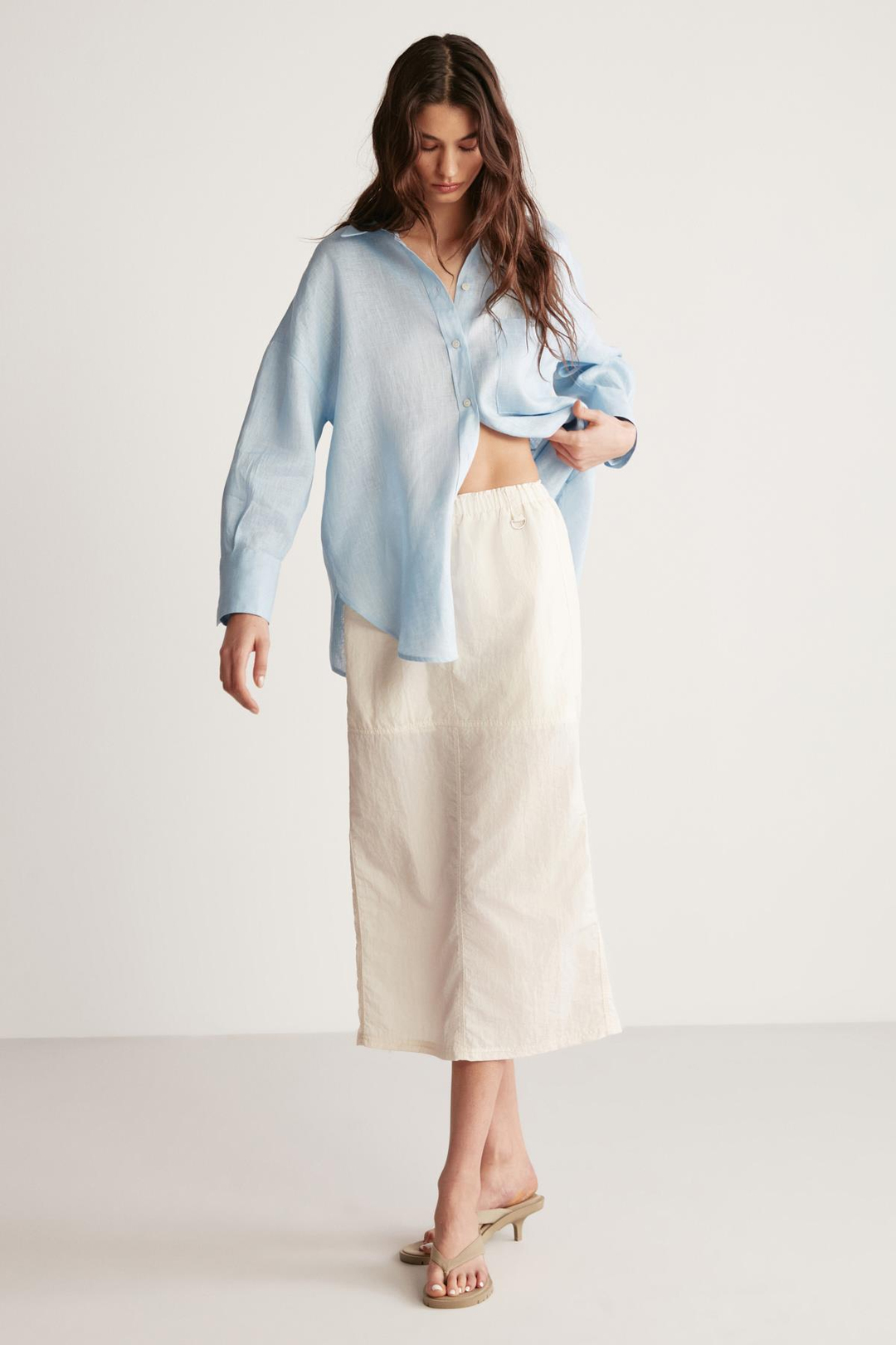 HERLINA Keten Oversize Açık Mavi Tekli Gömlek