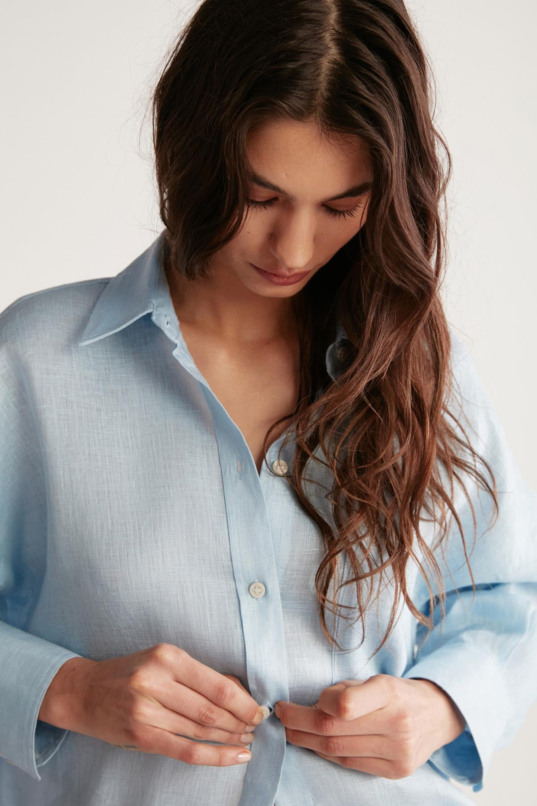 HERLINA Keten Oversize Açık Mavi Tekli Gömlek