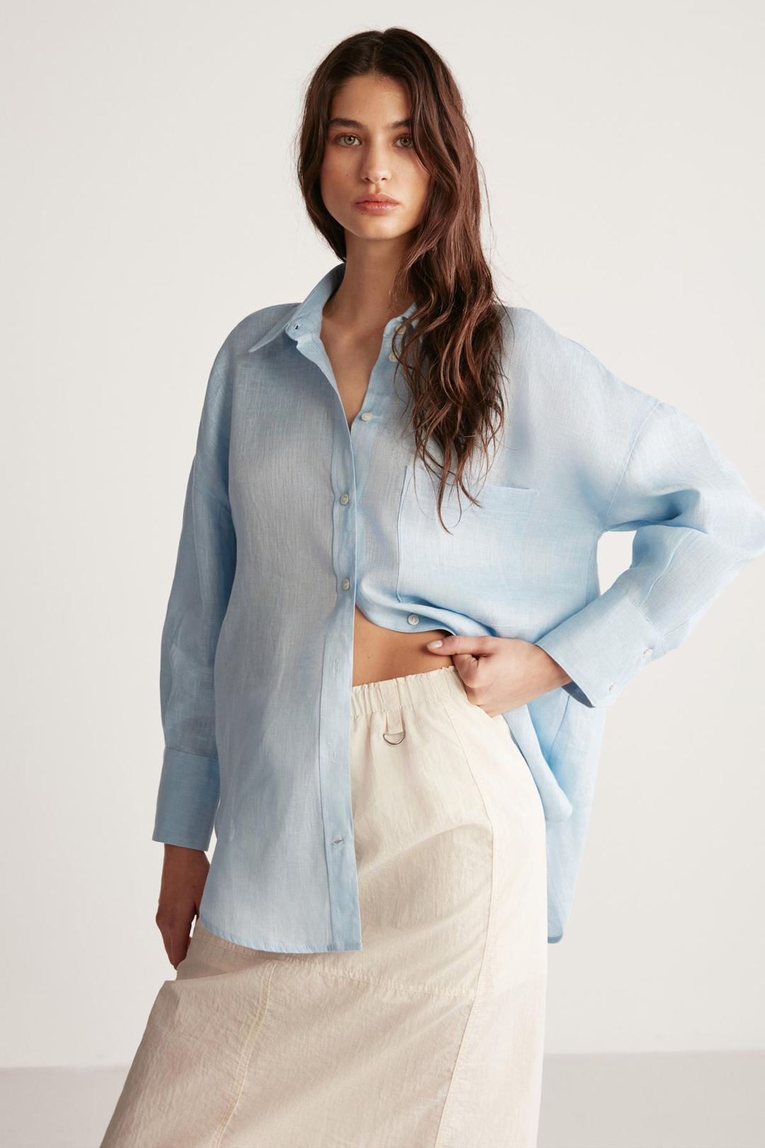 HERLINA Keten Oversize Açık Mavi Tekli Gömlek