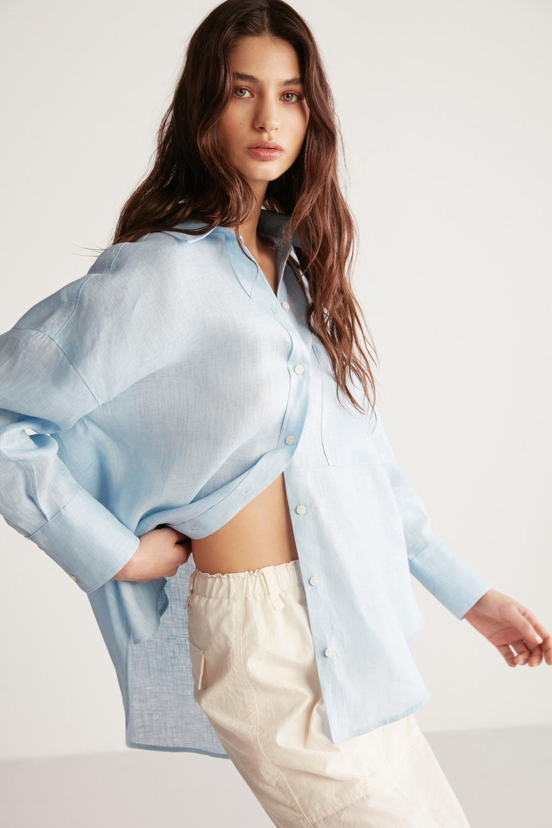 HERLINA Keten Oversize Açık Mavi Tekli Gömlek