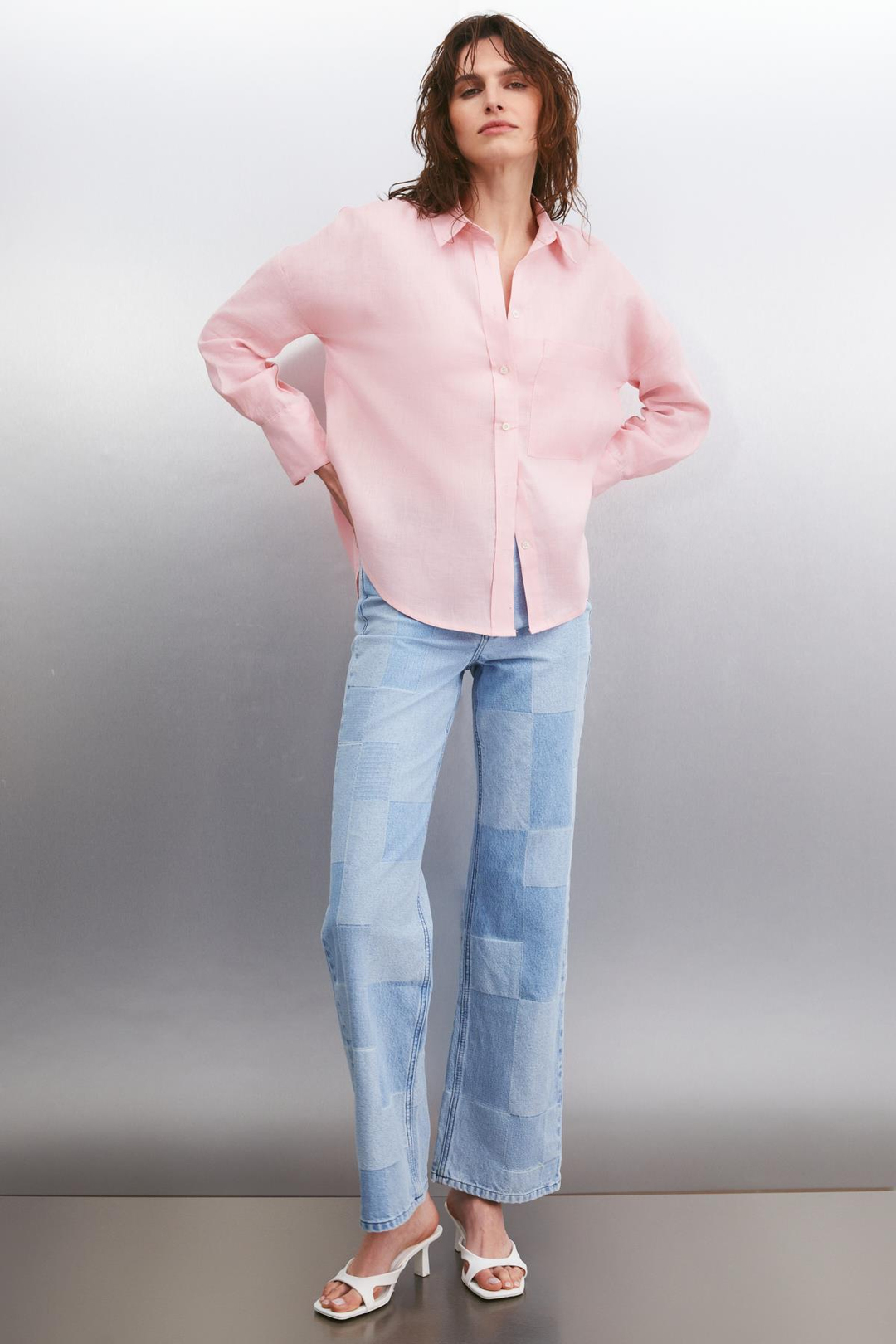 HERLINA Keten Oversize Açık Pembe Tekli Gömlek