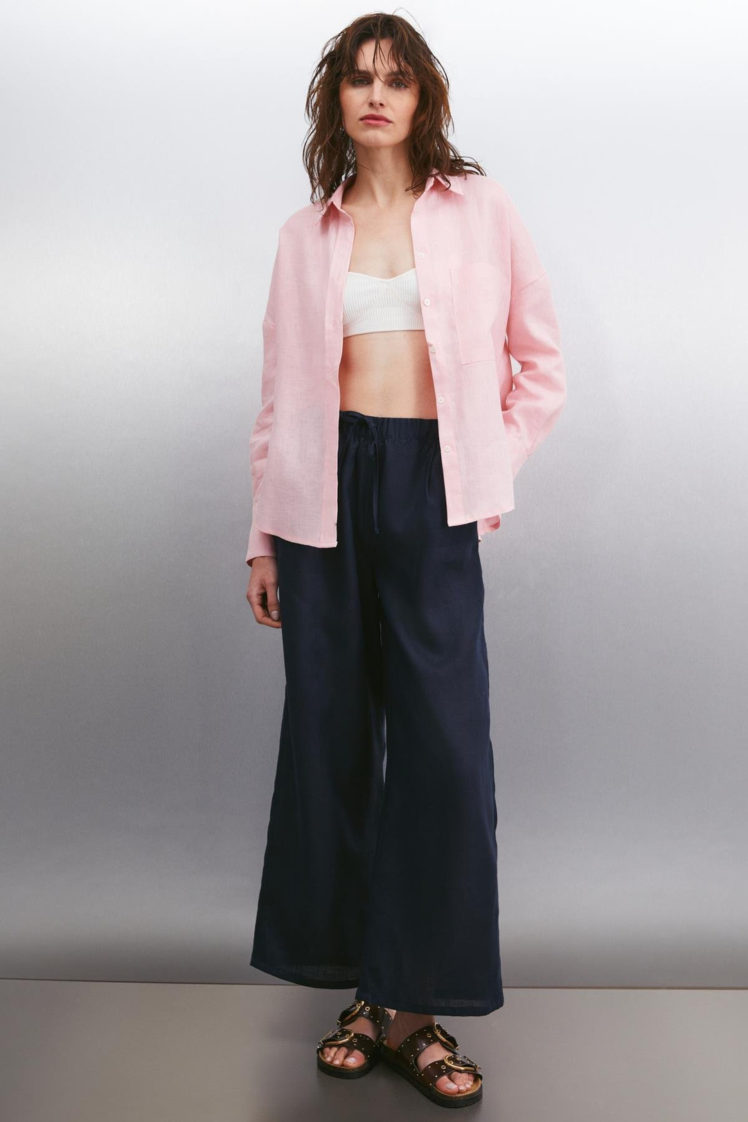 HERLINA Keten Oversize Açık Pembe Tekli Gömlek