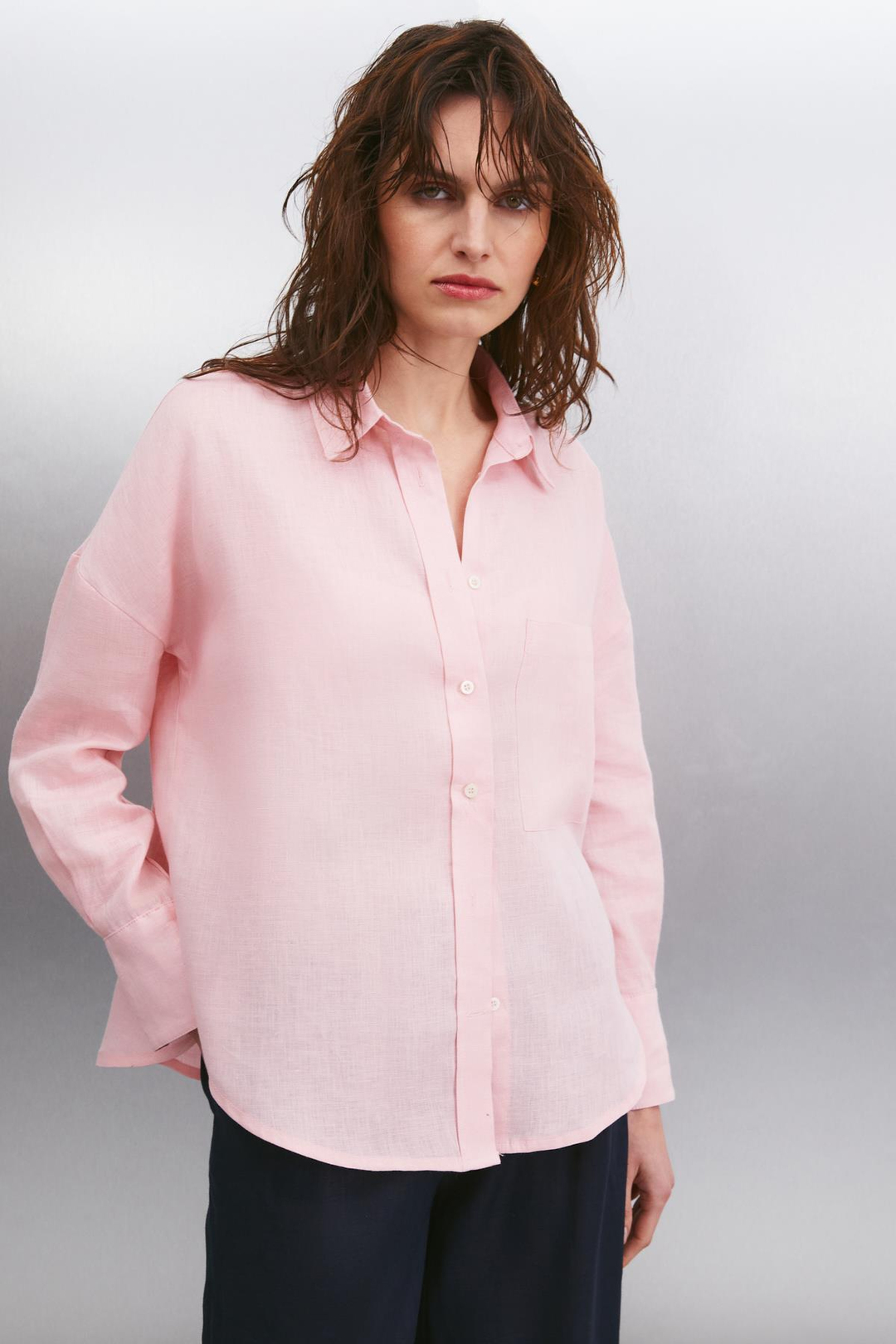 HERLINA Keten Oversize Açık Pembe Tekli Gömlek