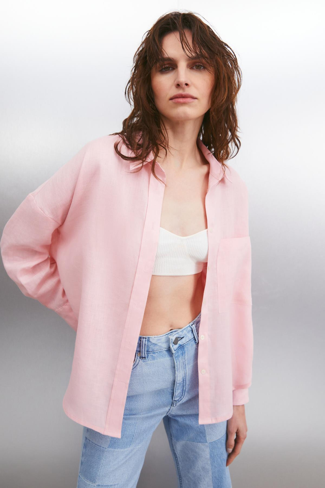 HERLINA Keten Oversize Açık Pembe Tekli Gömlek