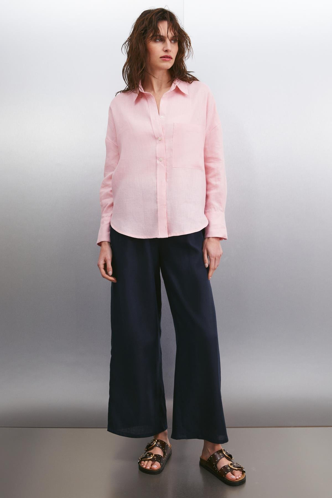 HERLINA Keten Oversize Açık Pembe Tekli Gömlek