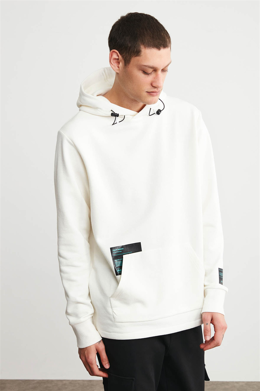 IAGO Erkek Ekru Baskılı Kapüşonlu Oversıze Sweatshirt