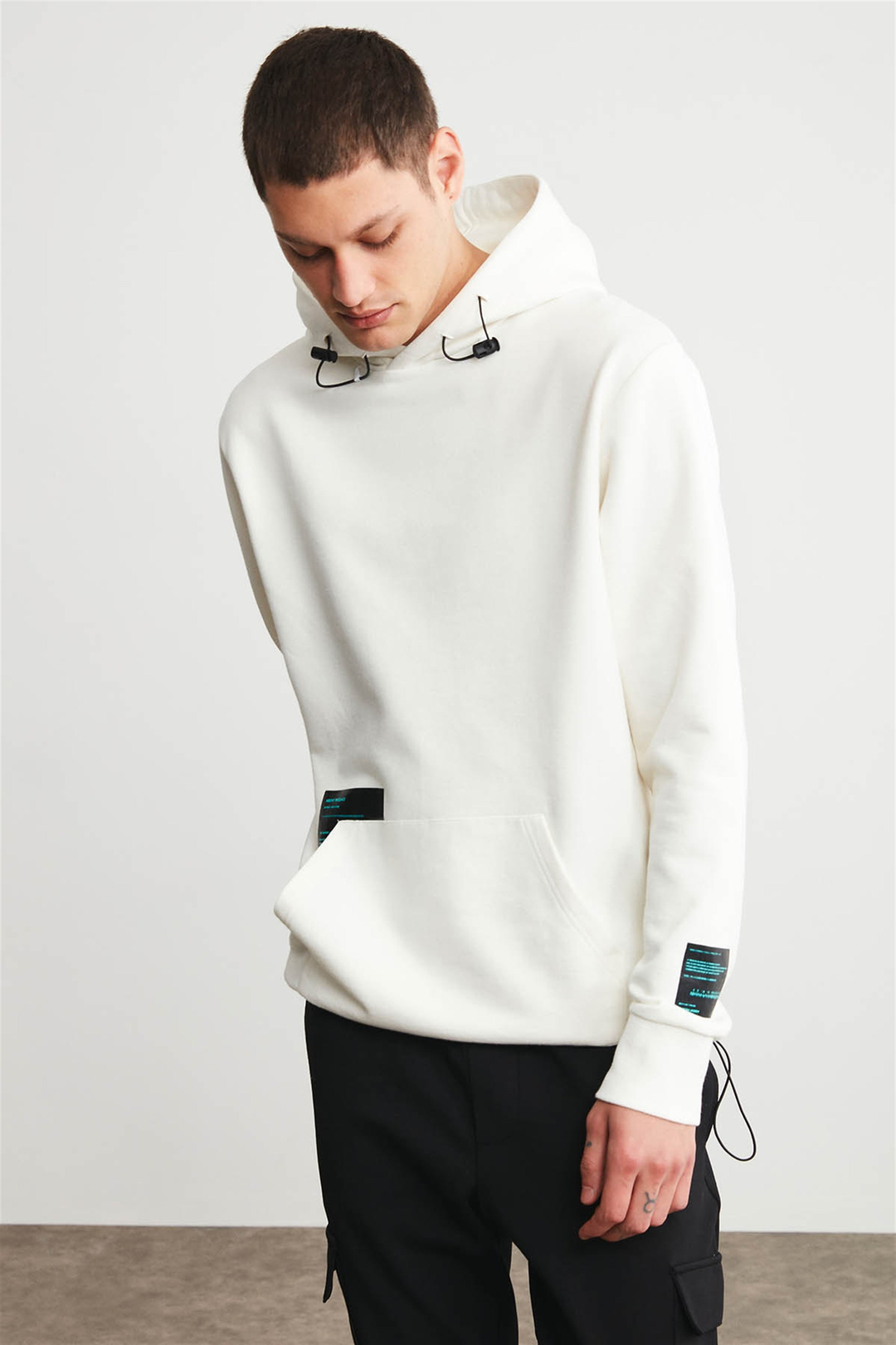 IAGO Erkek Ekru Baskılı Kapüşonlu Oversıze Sweatshirt