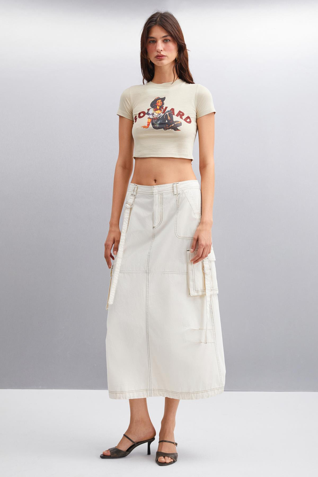 ICE Basic Crop Gri Tekli T-Shirt
